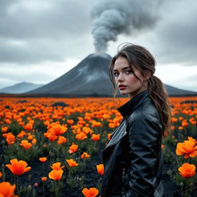 The primary subject of the image is a woman standing in a field of orange flowers. The setting is a natural environment with a mountain in the background. The visual style is a photo, capturing the woman's presence in the field. The colors and mood of the image are warm and vibrant, with the orange flowers and the woman's outfit creating a lively atmosphere.